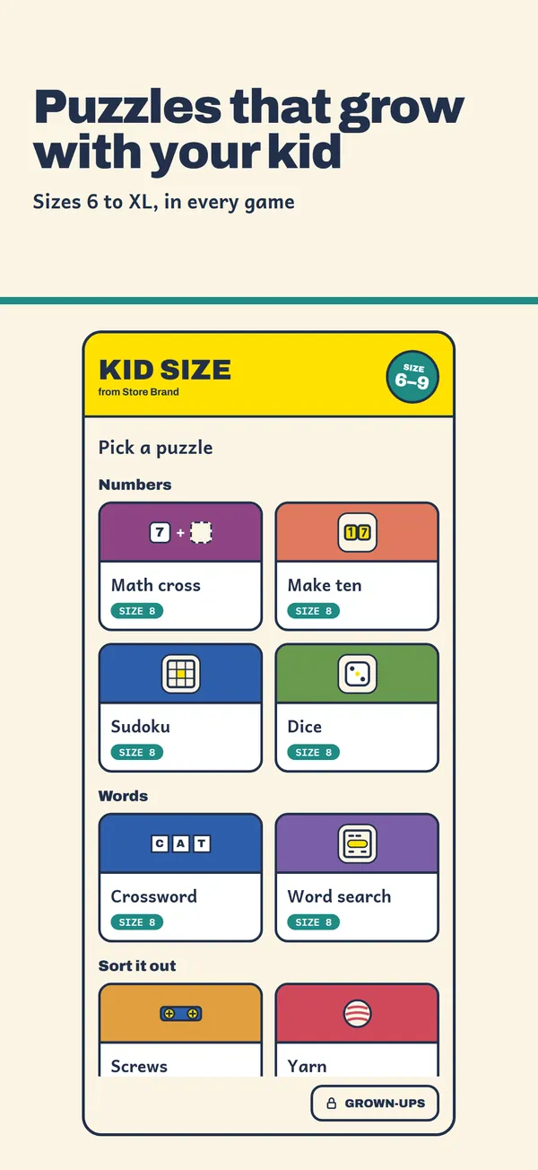 The Kid Size shelf: Math cross, Make ten, Sudoku and Dice under Numbers, Crossword and Word search under Words, each at size 8, with a GROWN-UPS button at the bottom.