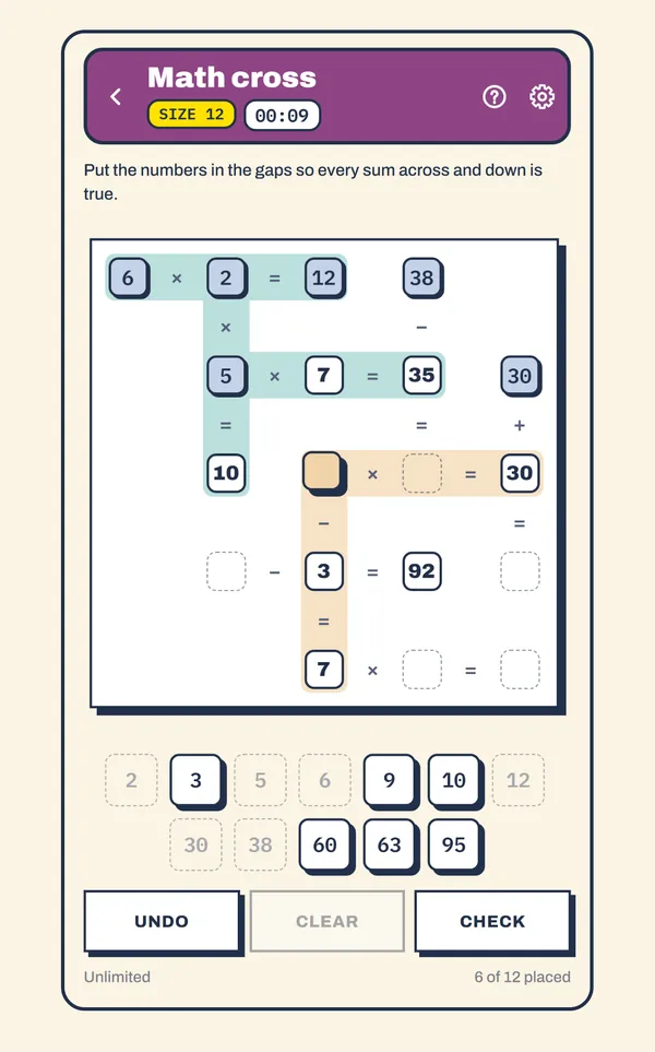 Math cross at size 12: put the numbers in the gaps so every sum across and down is true.