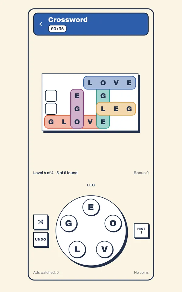 Crossword: make words from the letter wheel to fill the grid. LOVE, LEG and GLOVE are in.