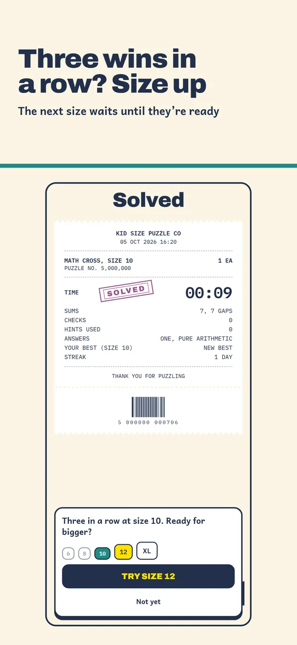 A solved Math cross at size 10 prints a receipt, then offers the next size: three in a row at size 10, ready for bigger? TRY SIZE 12, or not yet.